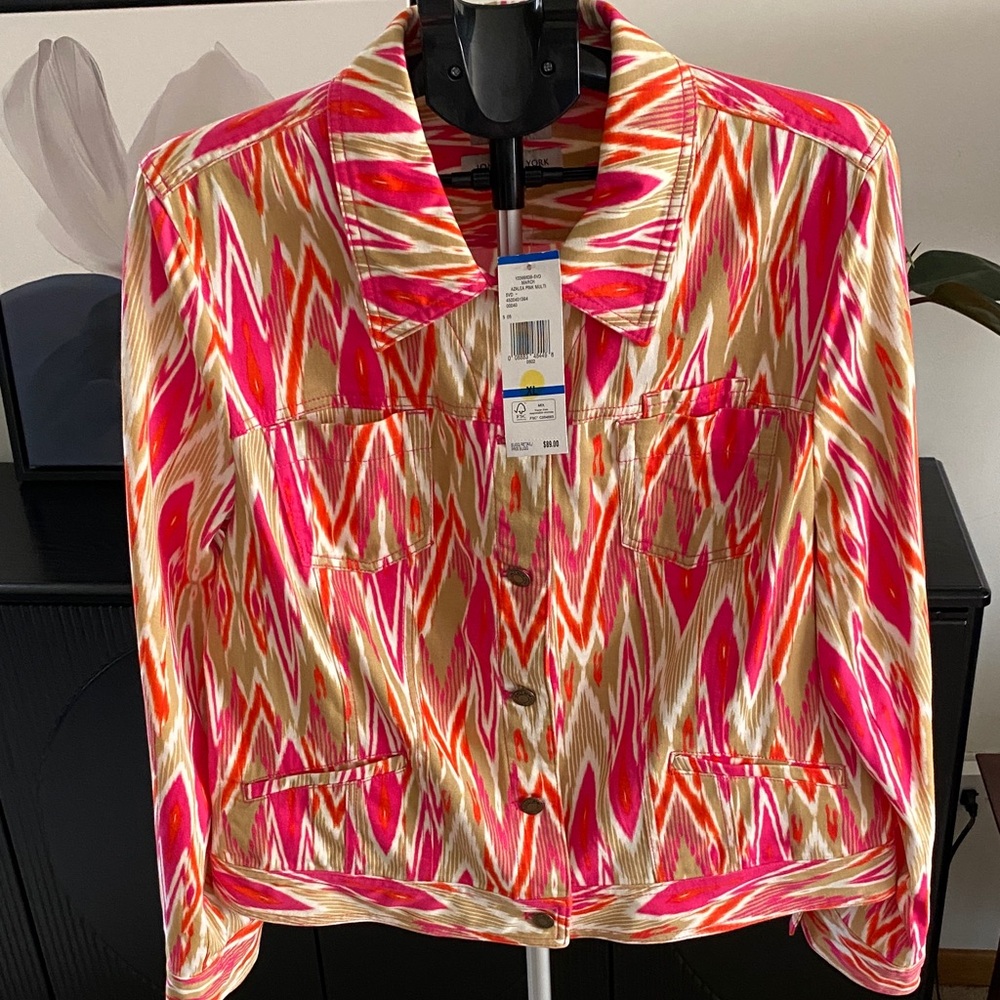 Jones New York Pink and Orange Patterned Denim Jacket